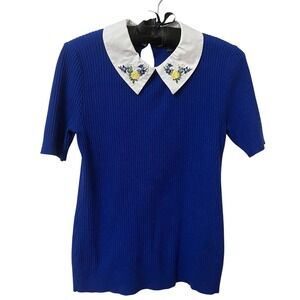 Cable & Gauge Ribbed Floral Collar Top Womens S Blue Coquette Feminine Romantic
